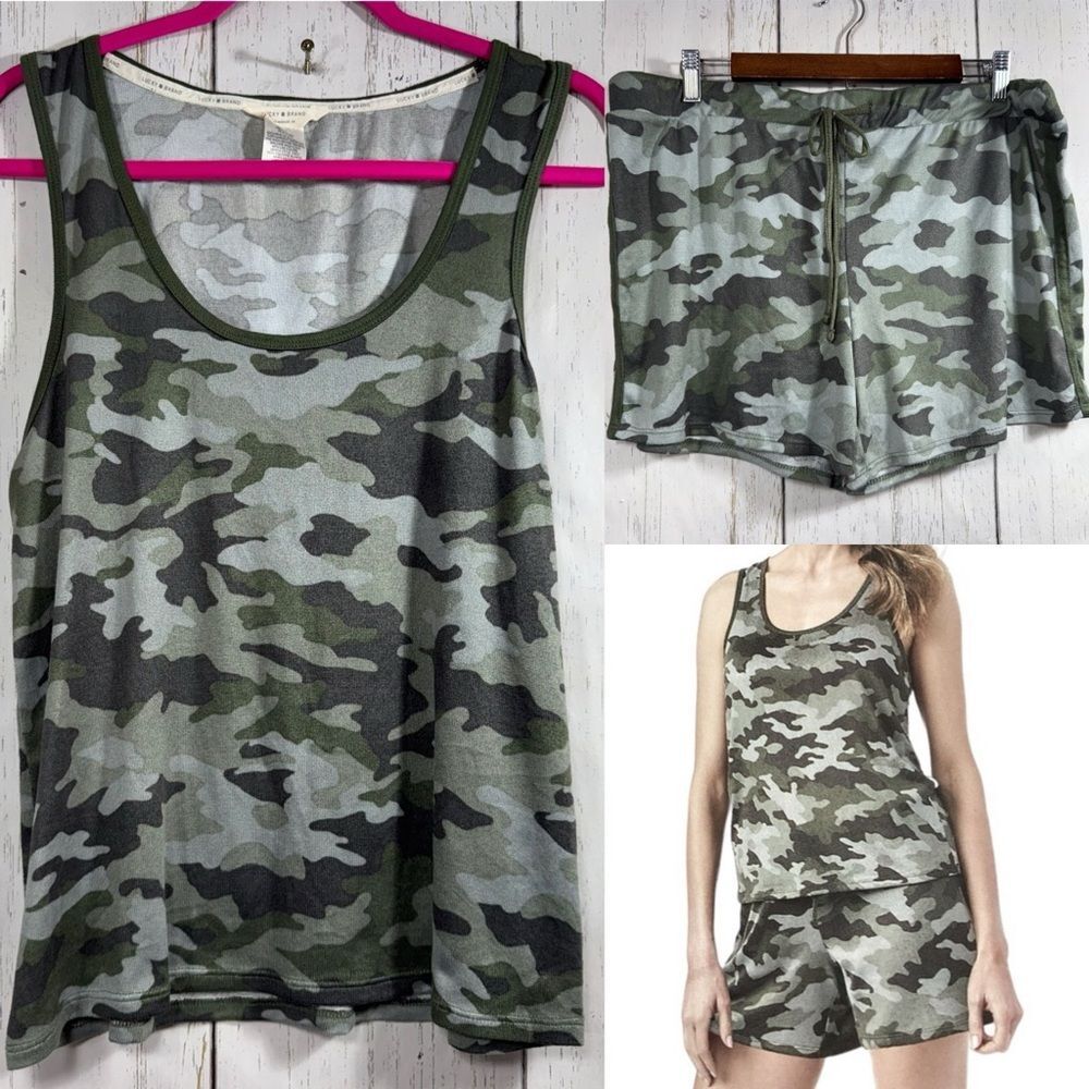 Lucky Brand Womens Camouflage Lounge Pajama Set Green Tank Top Shorts Soft Comfy